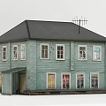 Traditional Light Green Wooden Urban Building Featuring Black Roof Multiple Windows And Porch
