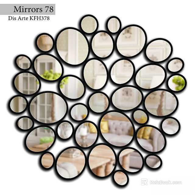 Round Decorative Mirrors Arrangement Reflecting Living Room Furniture And Green Plants 3d model 