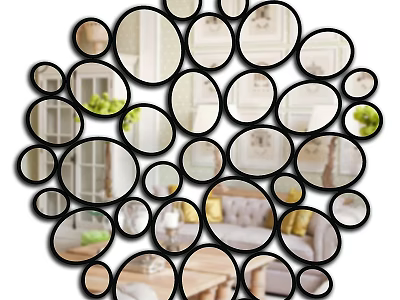Round Decorative Mirrors Arrangement Reflecting Living Room Furniture And Green Plants 3d model