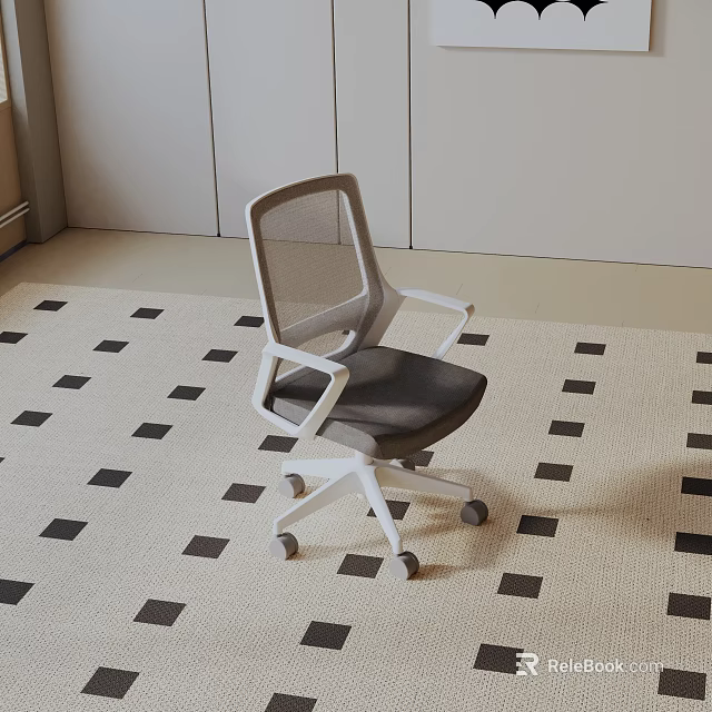 Gray And White Leisure Chair With Mesh Backrest Wheels On Black White Checkered Carpet 3d model 
