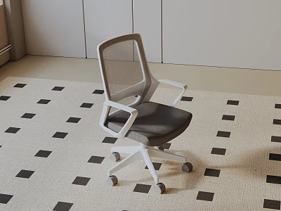 Gray And White Leisure Chair With Mesh Backrest Wheels On Black White Checkered Carpet 3d model