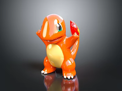 Orange Cartoon Charmander Creature 3D Model Holding Red Flame With Green Eyes Yellow Belly 3d model