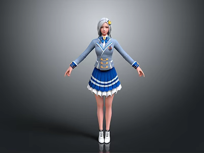 3D School Girl Character Blue White Uniform With Gray Hair Pleated Skirt And White Shoes 3d model