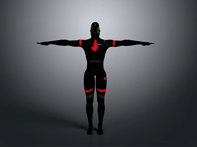Full Body Black Humanoid Figure With Red Accent Lines Standing Arms Outstretched On Gray Background 3d model