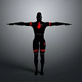Full Body Black Humanoid Figure With Red Accent Lines Standing Arms Outstretched On Gray Background