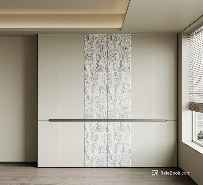 Modern Wardrobe Design With Light Colored Cabinets And Marble Pattern Panel 3d model 