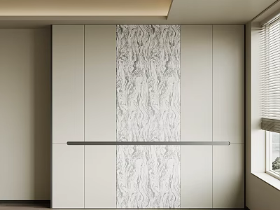 Modern Wardrobe Design With Light Colored Cabinets And Marble Pattern Panel 3d model