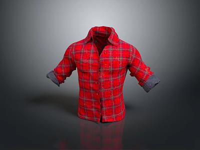 Long Sleeve Red Plaid Shirt with Rolled Cuffs and Casual Design 3d model