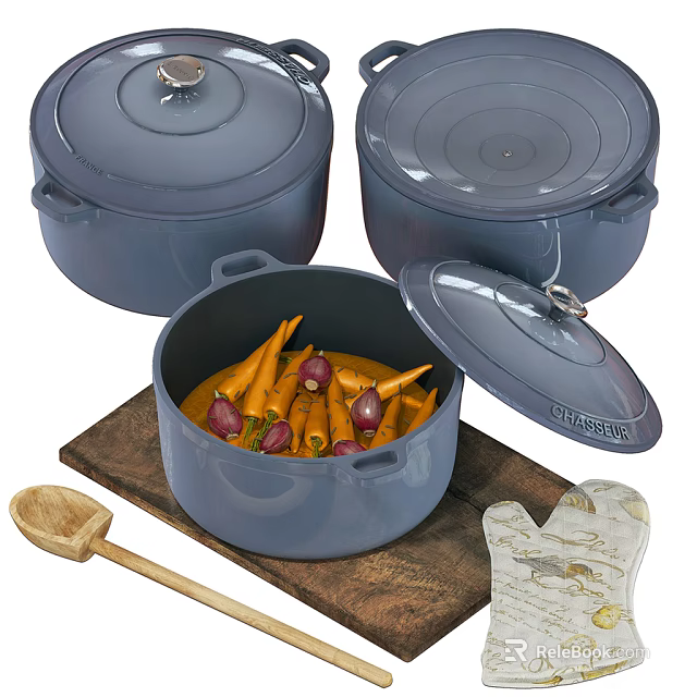 Gray Cookware Set With Lids Carrots Onions Wooden Spoon And Oven Mitts 3d model 