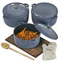 Gray Cookware Set With Lids Carrots Onions Wooden Spoon And Oven Mitts