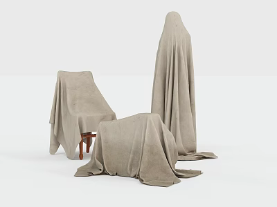 Beige Cloth Covered Furniture Pieces In Minimalist White Background Setting 3d model