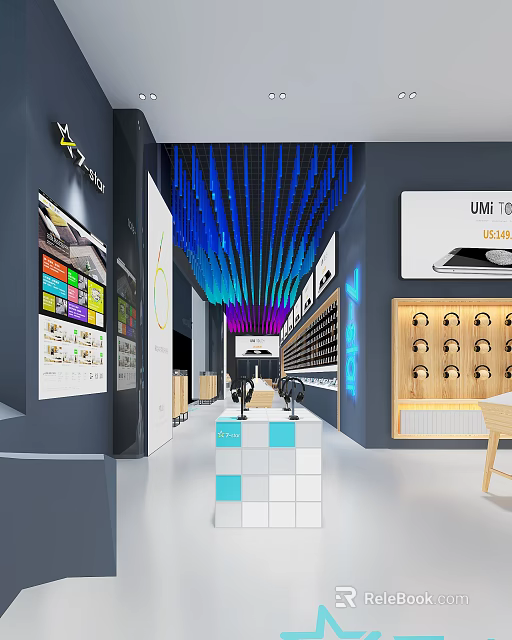 Modern Digital Store Interior With Electronics Display Phones Headphones And Lighting 3d model 