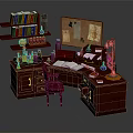 Elegant Mahogany Desk Setup With Bookshelves Table Lamp Magnifying Glass Folders And Papers
