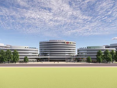Modern Office Building With Glass Facade Green Lawn And Trees Under Blue Sky 3d model