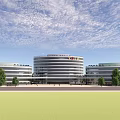 Modern Office Building With Glass Facade Green Lawn And Trees Under Blue Sky