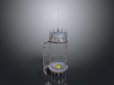 Decorative Metal Birdcage Hanging With Chain And Yellow Light For Home 3d model