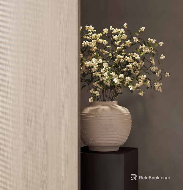 White Flower Arrangement in Textured Cream Vase on Dark Wooden Shelf Against Gray Wall 3d model 