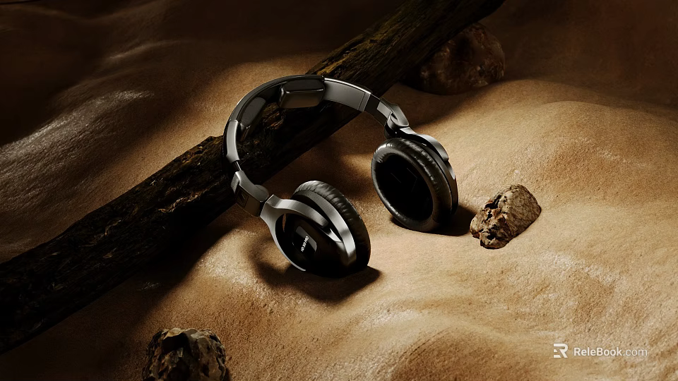 Premium Wireless Headphones With Sleek Design On Textured Background And Wooden Log 3d model 