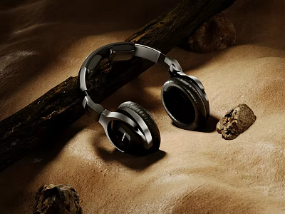 Premium Wireless Headphones With Sleek Design On Textured Background And Wooden Log 3d model