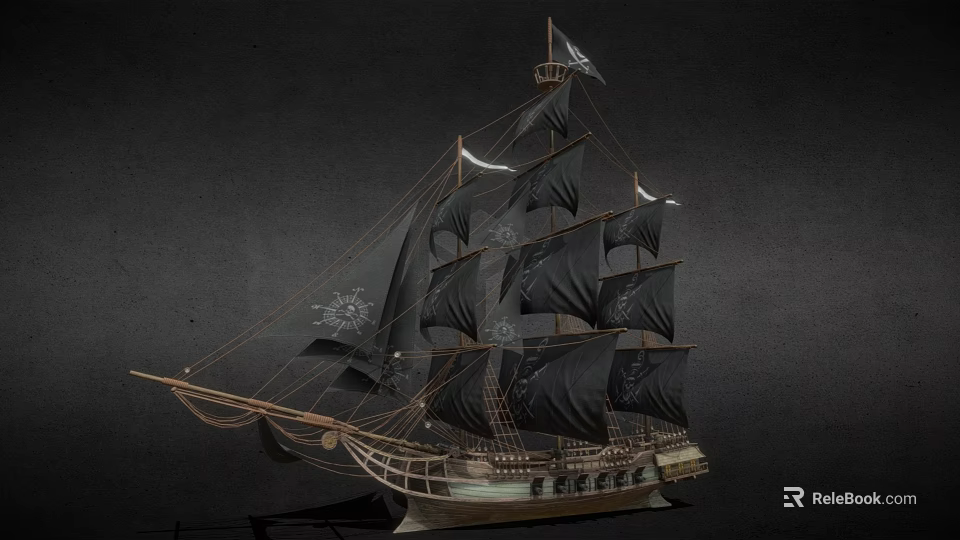 Intricate Sailing Ship Model with Black Sails Wooden Hull Masts and Rigging Details 3d model 