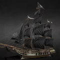 Intricate Sailing Ship Model with Black Sails Wooden Hull Masts and Rigging Details