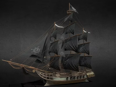 Intricate Sailing Ship Model with Black Sails Wooden Hull Masts and Rigging Details 3d model