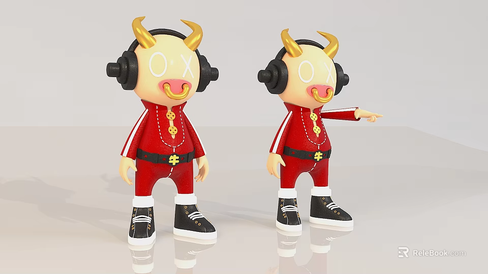 Cute Dolls With Golden Horns Headphones Red Outfit Black Pants Shoes And Pointing Gesture 3d model 