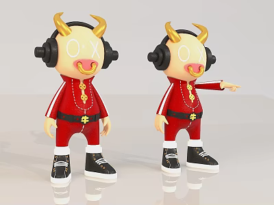 Cute Dolls With Golden Horns Headphones Red Outfit Black Pants Shoes And Pointing Gesture 3d model