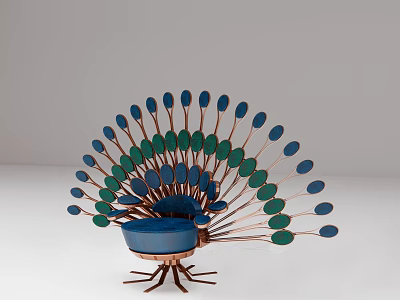Peacock Shaped Single Chair With Blue Upholstered Seat Green Blue Feather Decorations And Metal Frame 3d model