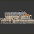 Cartoon Scene of Wooden Rural Villa With Gray Roof Chimney and Reflective Water Surface