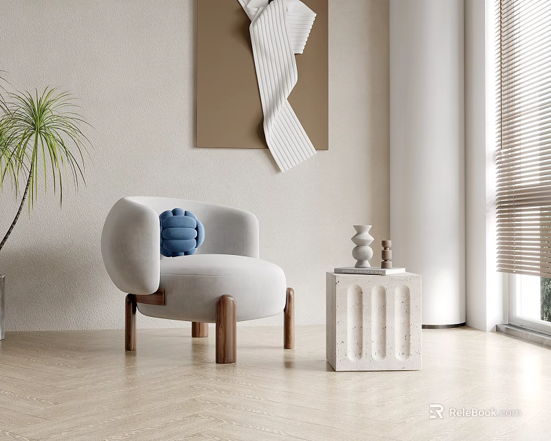 Beige Single Sofa With Blue Cushion Wooden Legs White Side Table Green Plant Herringbone Floor 3d model 