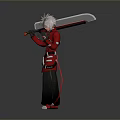 White Haired Man in Red Coat and Black Pants Holding Pink Object in Standing Pose