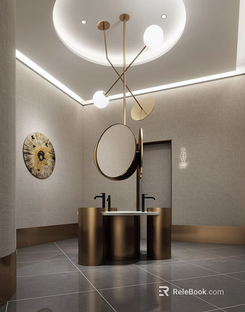 Modern Public Restroom Interior With Gold Washbasins Round Mirrors And Decorative Lighting 3d model 