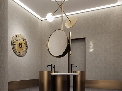 Modern Public Restroom Interior With Gold Washbasins Round Mirrors And Decorative Lighting 3d model