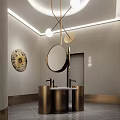Modern Public Restroom Interior With Gold Washbasins Round Mirrors And Decorative Lighting