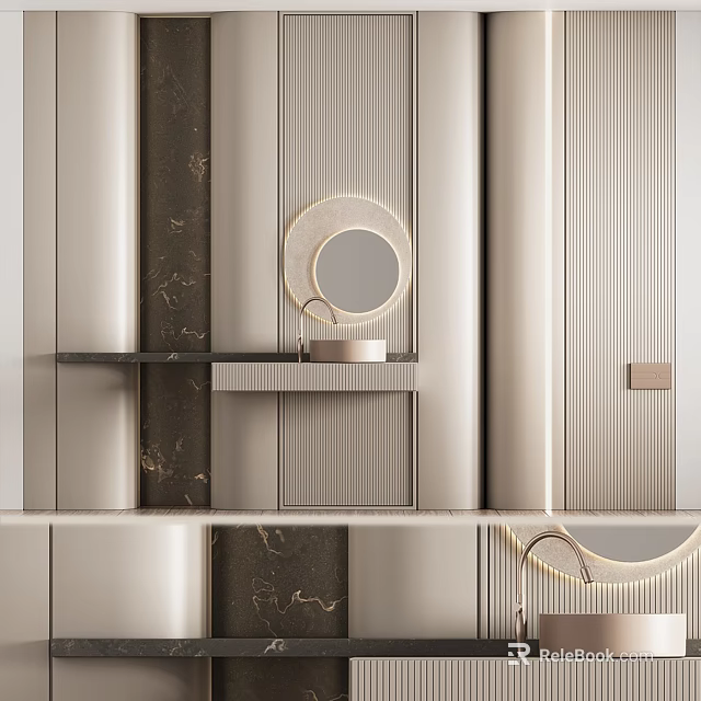 Modern Luxury Bathroom Set With Round Backlit Mirror And Marble Countertop 3d model 