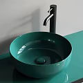 Elegant Teal Bathroom Sink With Circular Mirror Countertop And Modern Faucet