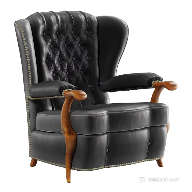 Black Leather Single Sofa With Button Tufting Wooden Arms And Rivet Trim 3d model 