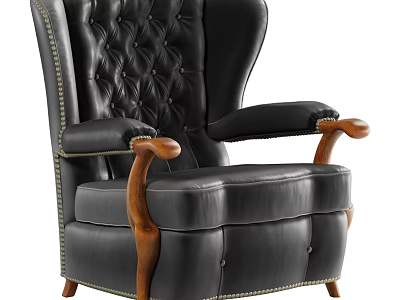Black Leather Single Sofa With Button Tufting Wooden Arms And Rivet Trim 3d model