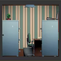 Cartoon Office Cubicle Scene With Vintage Computer Filing Cabinets Desk Lamp And Cactus