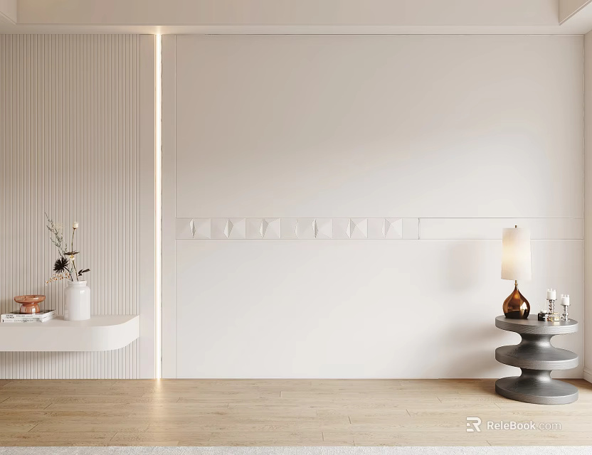 Modern White Background Wall Design With Vertical Stripes Vase And Table Lamp 3d model 