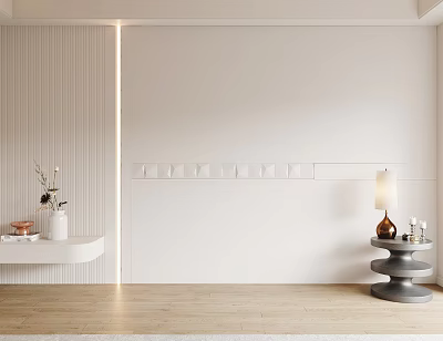 Modern White Background Wall Design With Vertical Stripes Vase And Table Lamp 3d model