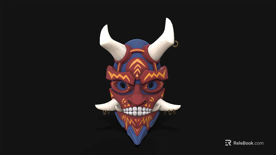 Mystical Character Mask With White Horns Red And Blue Patterns And Sharp Teeth 3d model 