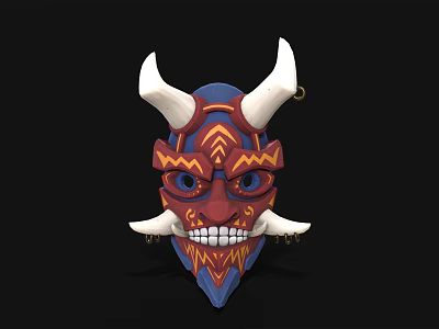 Mystical Character Mask With White Horns Red And Blue Patterns And Sharp Teeth 3d model