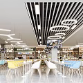 Vibrant Open Restaurant Interior With Colorful Chairs White Tables Pendant Lights And Screens