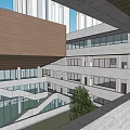 Modern School Building Featuring Multi Level Structure Green Courtyard And Walking Pedestrians