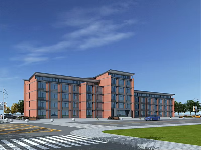 Modern Multi Story School Building Exterior With Red Brick Glass Windows Green Lawn And Trees 3d model