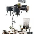 Modern Dining Table Set with Gray Chairs Pendant Lights and Decorative Painting 3d model