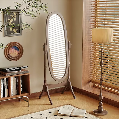 Oval Wooden Frame Floor Mirror In Living Room With Bookshelf And Window Blinds 3d model