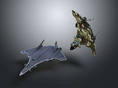 Two Military Fighter Jets Gray And Camouflage Displayed On Dark Background 3d model